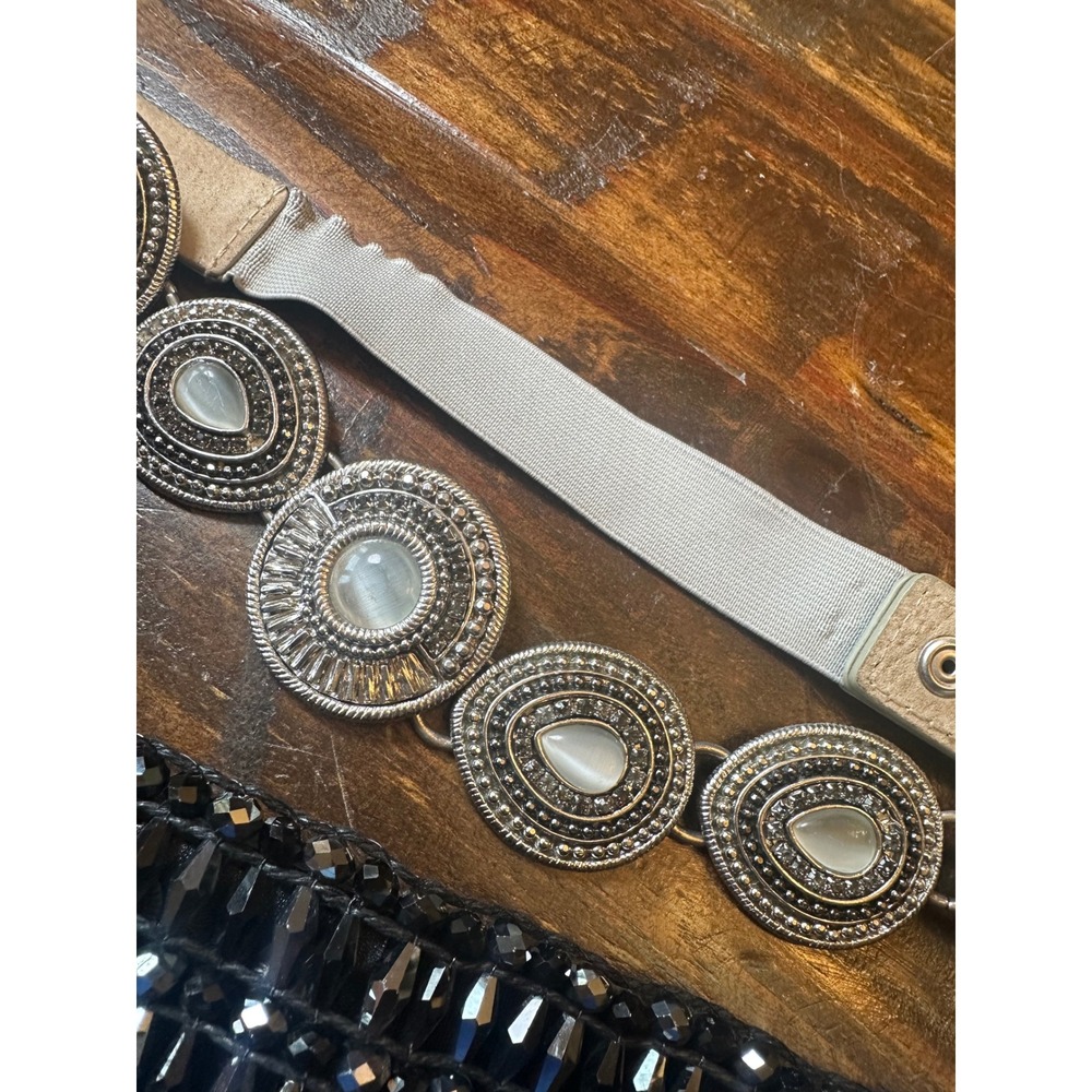 Set of 2 Women Elastic Cinch Belts Black Beaded & Silver Medallion Boho Retro - Picture 13 of 13